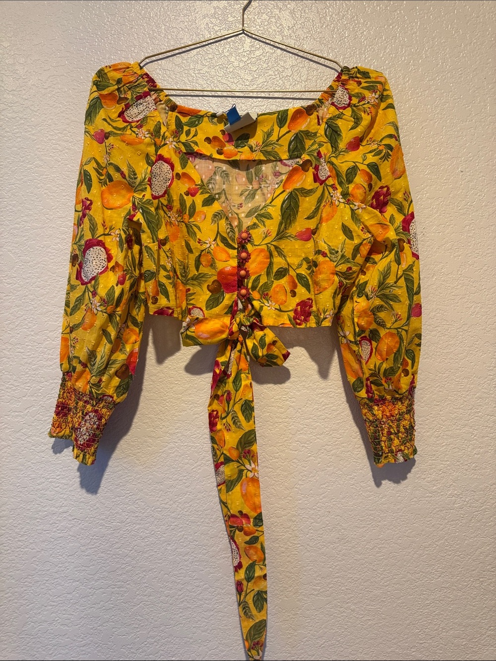 FARM Rio Yellow Tropical Tie-Front Crop Top with Orange Trim - Picture 3 of 11